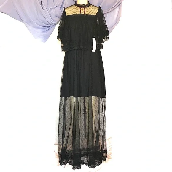 NWT Happy Nature illusion semi sheer lace black maxi dress size medium - Picture 3 of 12